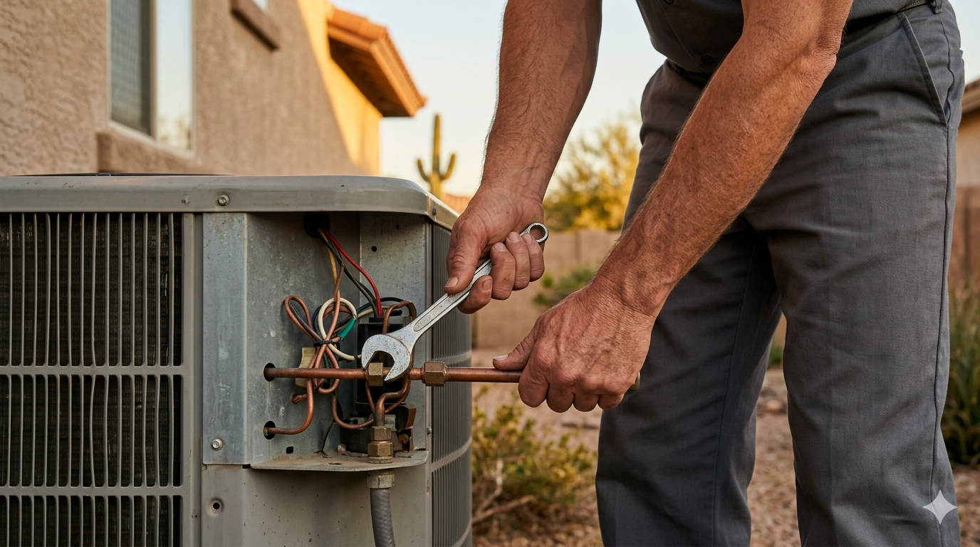 Hands of a Phoenix HVAC technician working on a residential air conditioning condenser