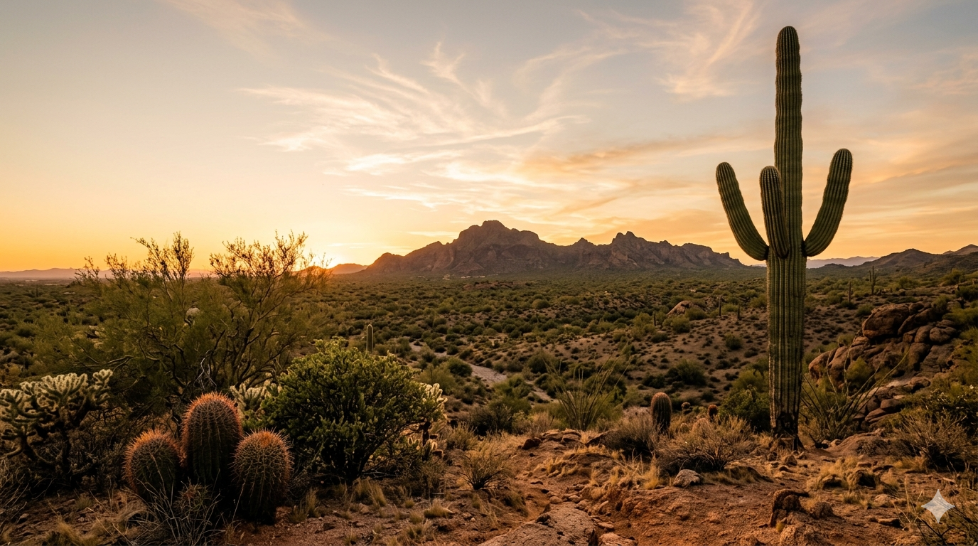 Phoenix valley landscape with saguaro cactus and desert mountains at golden hour